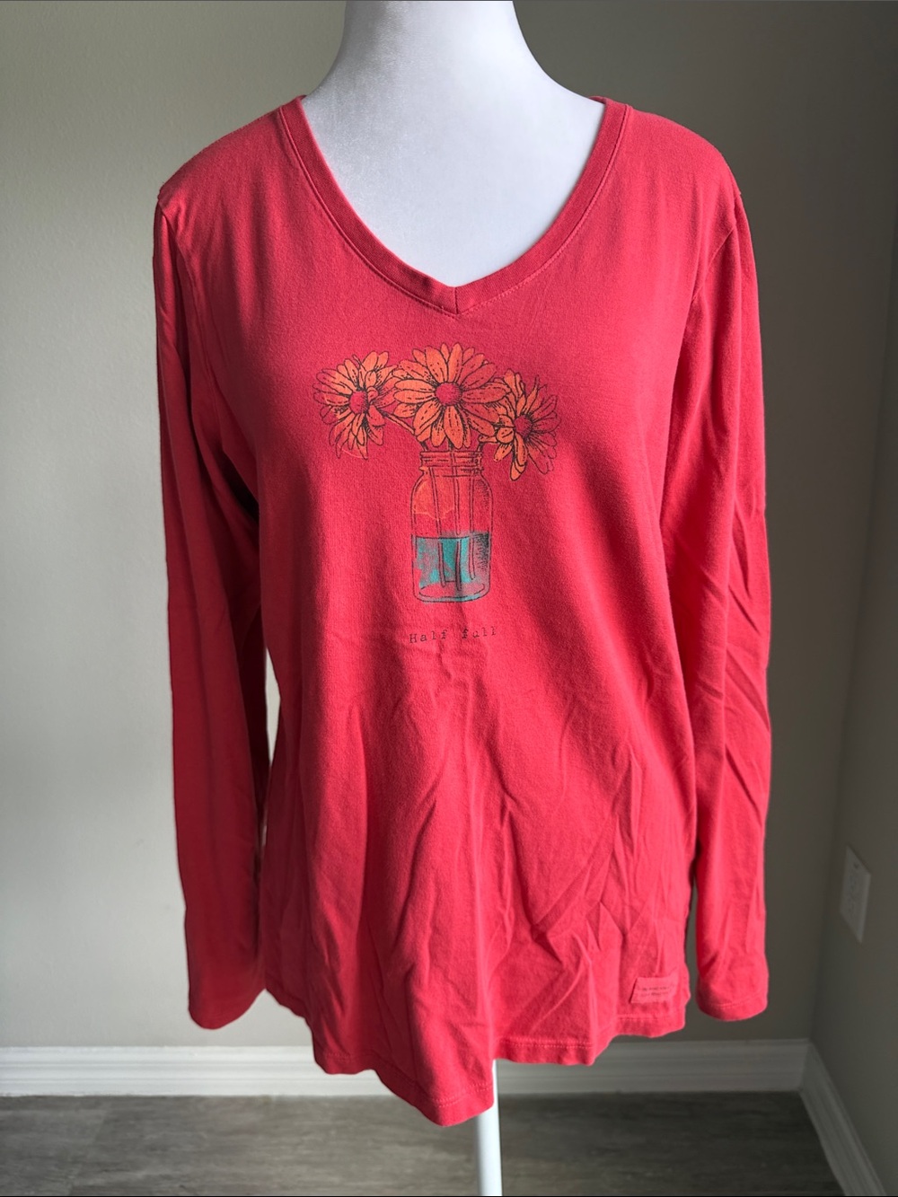 Life Is Good red V-Neck Long Sleeve Top with Daisy Jar Graphic